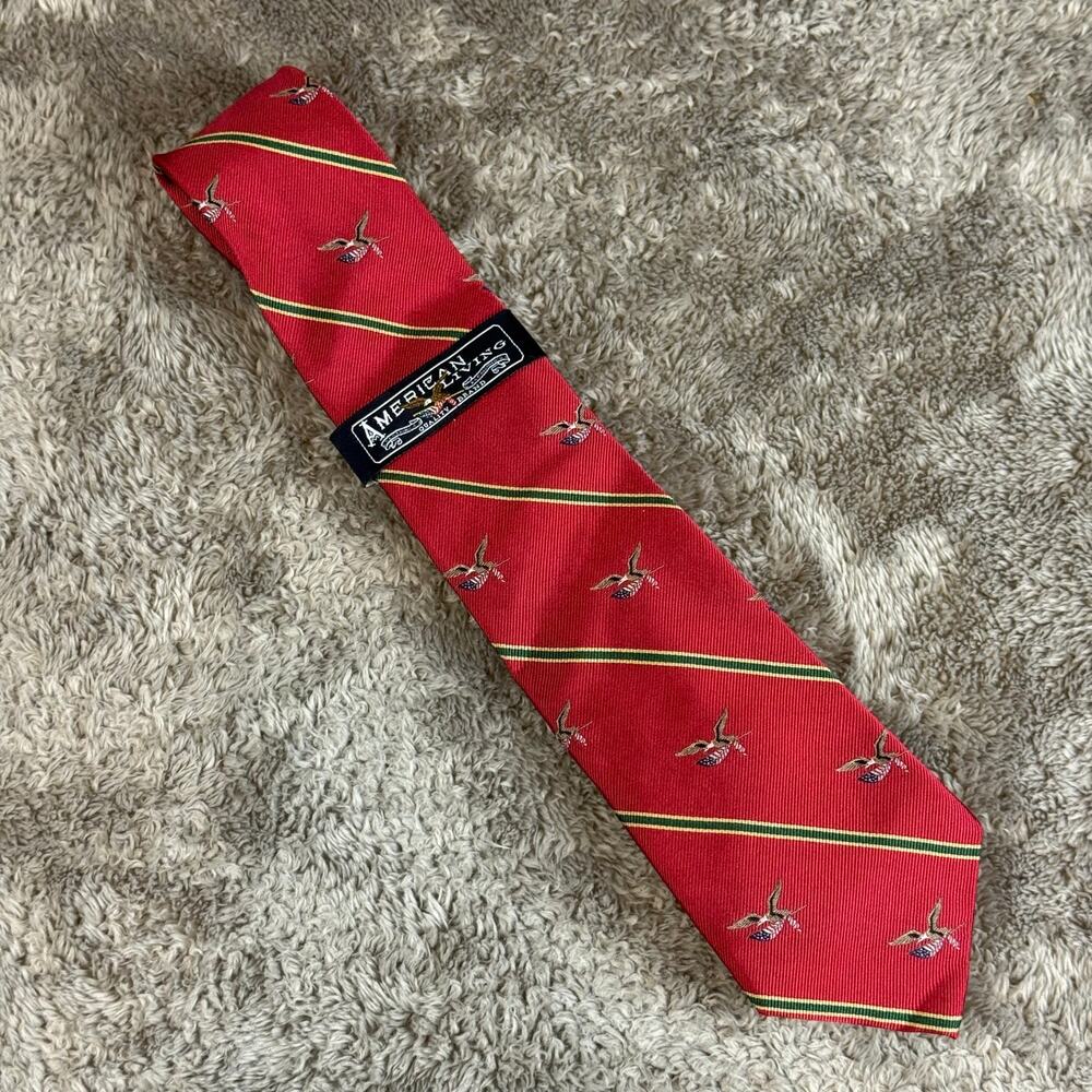 NEW American Living Red Diagonal Stripe Eagle With Flag Silk Patriotic Neck Tie - Picture 2 of 7